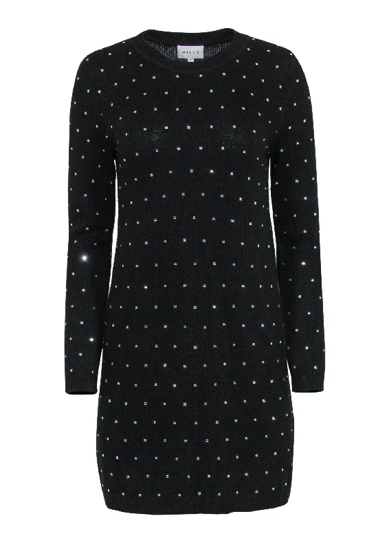 Milly - Black Long Sleeve Knit Sweater Dress w/ Rhinestone Embellishments Sz S Embroidered Appliqued Beaded Milly - Black Long Sleeve Knit Sweater Dress w/ Rhinestone Embellishments Sz S Embroidered Appliqued Beaded