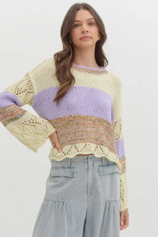 Entro Crochet Colorblock Long Sleeve Sweater Oversized Loose Flowy