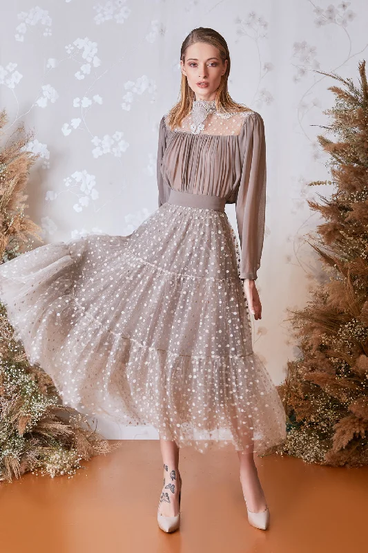 Long sleeves pleated chiffon top with flowy skirt seamless skirt comfort