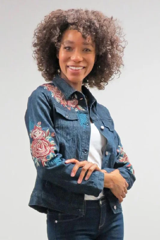 Dark Blue Denim Floral Jacket Ribbed Jacket Pleated Jacket Ruffled Jacket