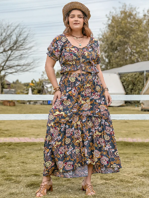 Plus Size Tie Neck Short Sleeve Top and Skirt Set cashmere skirt rich
