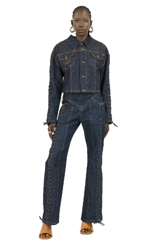 Jean Paul Gaultier Oversize Cropped Denim Jacket with Laces and Top Stitches Details in Indigo Striped Jacket Polka Dot Jacket Floral Jacket Jean Paul Gaultier Oversize Cropped Denim Jacket with Laces and Top Stitches Details in Indigo Striped Jacket Polka Dot Jacket Floral Jacket
