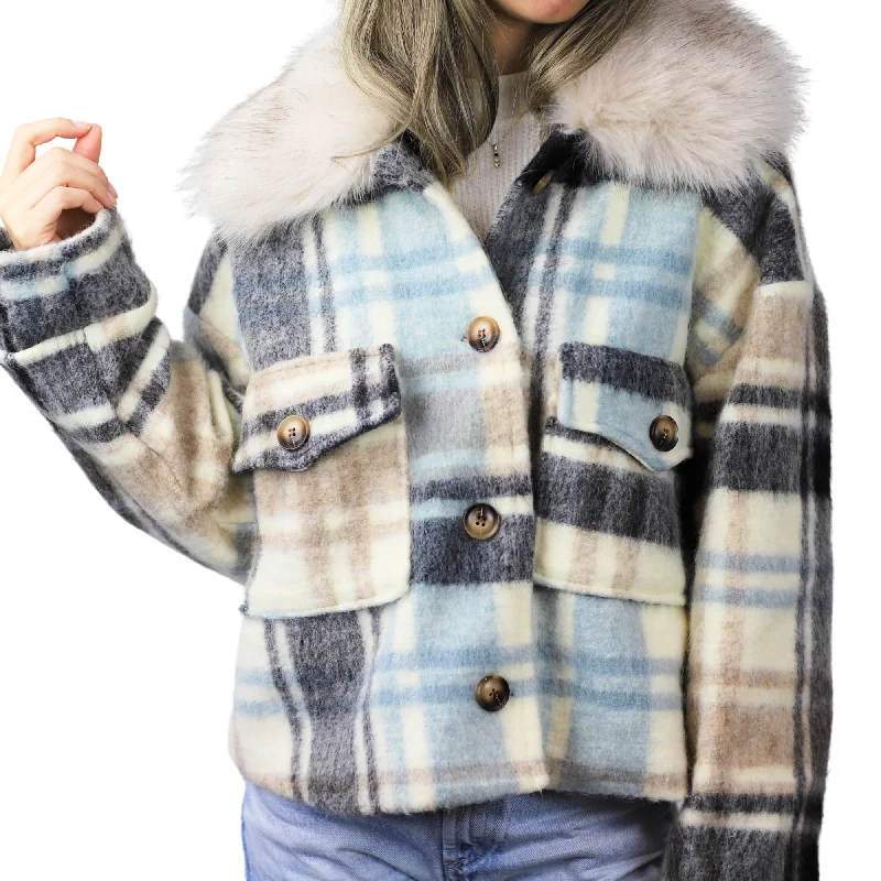 Plaid Cropped Jacket w/ Trim - White Fitted Jacket Loose Jacket Oversized Jacket