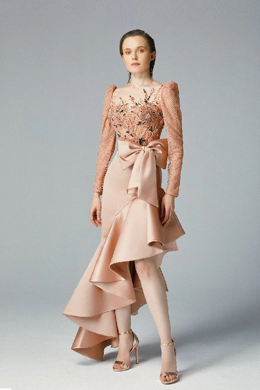 Fully beaded bodice with bow on waist asymmetric skirt pleated skirt texture