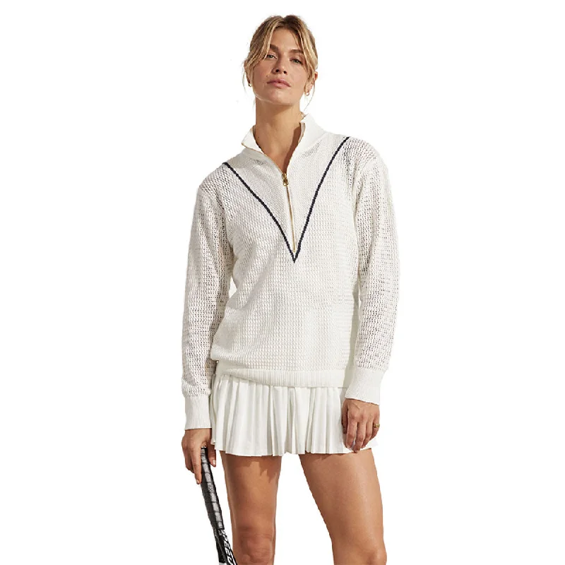 Varley Calva Knit White Womens Half Zip Sweater Solid Color Striped Floral Print