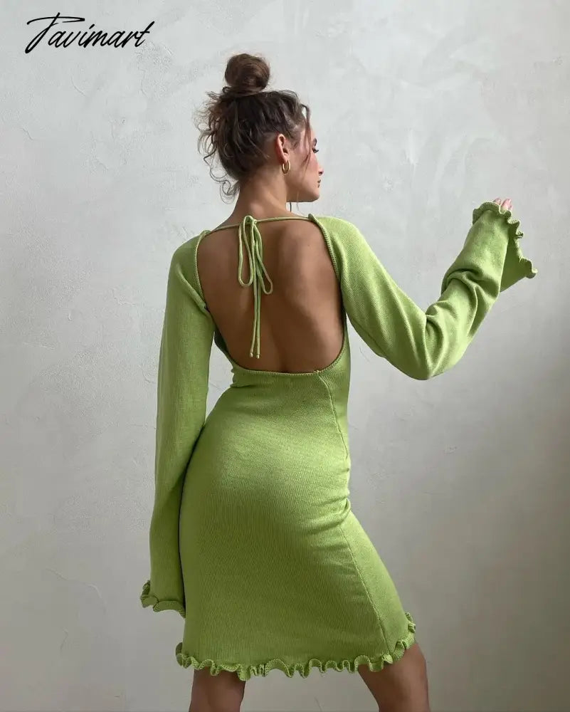 Tavimart Soild-mini knitted sweater dress for women, long sleeve, sexy, backless, beach, bodycon, fashion, Y2K Print Jacquard Patchwork Tavimart Soild-mini knitted sweater dress for women, long sleeve, sexy, backless, beach, bodycon, fashion, Y2K Print Jacquard Patchwork