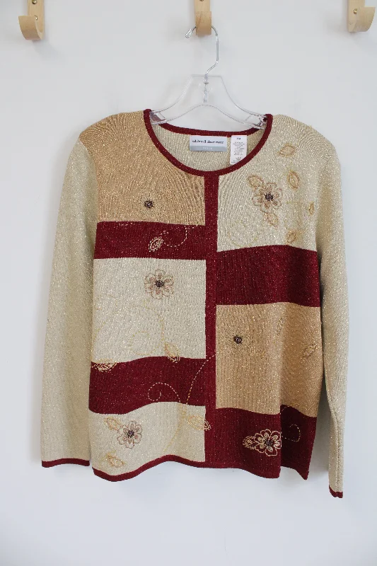 Alfred Dunner Red & Tan Beaded Shimmer Sweater | M Petite Spandex Rayon Corduroy