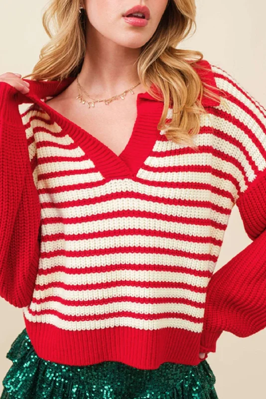 Blue Zone Planet | Striped Johnny Collar Long Sleeve Sweater Terry Blend Velvet Blend Canvas Blend Blue Zone Planet | Striped Johnny Collar Long Sleeve Sweater Terry Blend Velvet Blend Canvas Blend