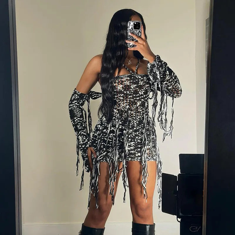 Tavimart - Fringed Knit Sweater Dress 2 Piece Set Streetwear Women 2024 Fashion Sexy Long Sleeve Backless Mini Dresses Glossy Satin Silk Tavimart - Fringed Knit Sweater Dress 2 Piece Set Streetwear Women 2024 Fashion Sexy Long Sleeve Backless Mini Dresses Glossy Satin Silk