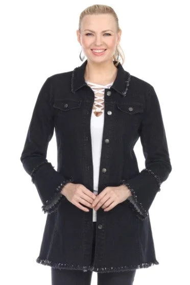 "Kelly" Black Wash Long Denim Jacket Plaid Jacket Tartan Jacket Houndstooth Jacket