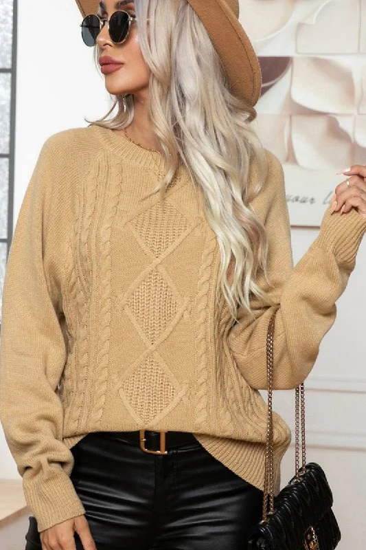 WOMEN CROCHET CABLE KNIT CREW NECK KNIT SWEATER Mesh Sweater Canvas Denim
