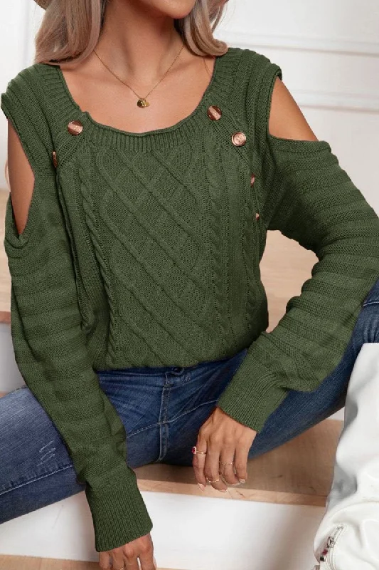 WOMEN CUT OUT DETAILED BUTTON DECKED KNIT SWEATER Seamless Knitted Crochet