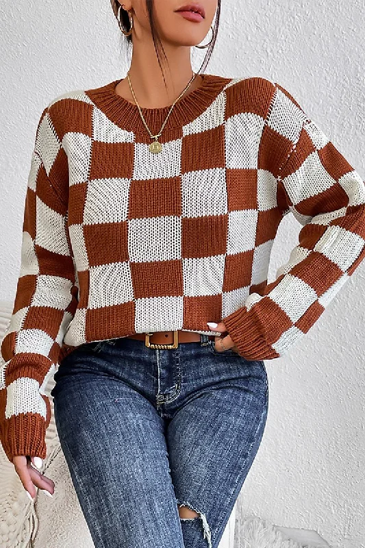 WOMEN LOOSE FIT RIBBED PLAID PATTERN KNIT SWEATER Machine Wash Dry Clean Hand Wash