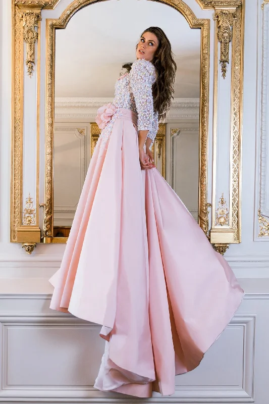 Embroidered top with taffeta skirt leather skirt sleek