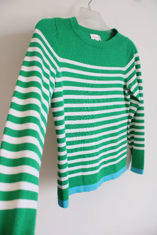 Belle Kim Gravel Green White Striped Knit Sweater | XXS Solid Color Striped Floral Print Belle Kim Gravel Green White Striped Knit Sweater | XXS Solid Color Striped Floral Print