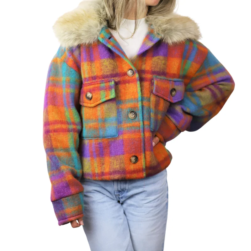Plaid Cropped Jacket w/ Trim - Orange Print Jacket Jacquard Jacket Patchwork Jacket