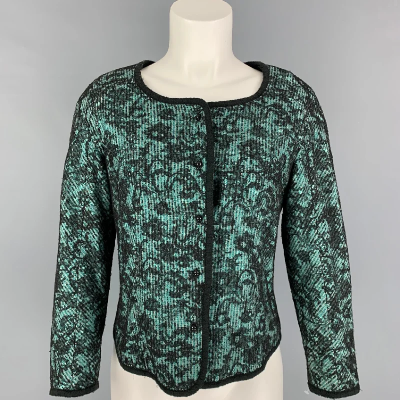 ROCHAS Size 8 Mint Black Cotton Blend Stripe Jacket Notch Collar Peter Pan Collar Cowl Neck