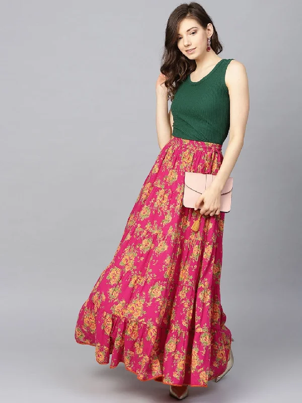Fushcia Floral Printed Tiered Skirt cashmere skirt rich