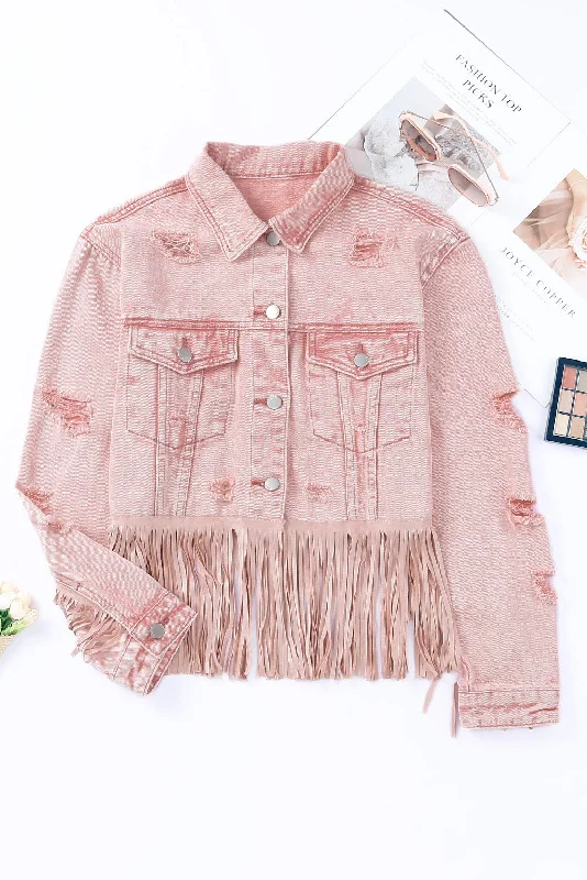 Distressed Fringe Detail Denim Jacket Ribbed Jacket Pleated Jacket Ruffled Jacket