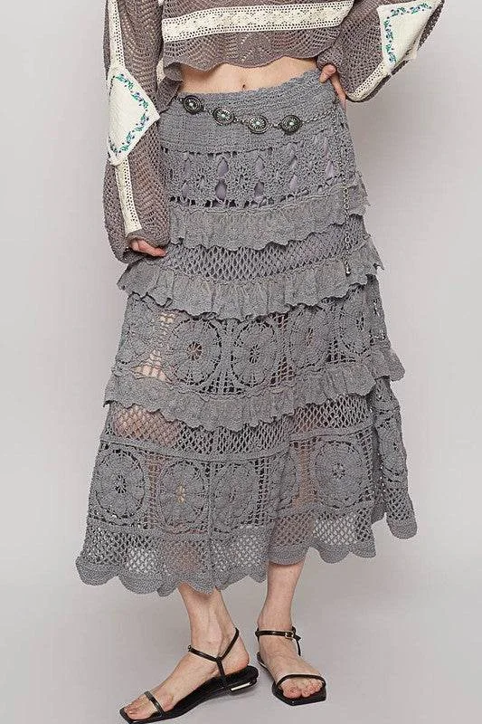 POL Crochet Lace Ruffled Midi Skirt spandex blend skirt