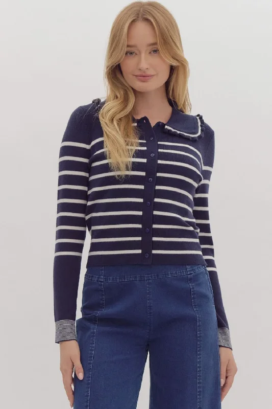 Navy Stripe Ruffle Collar Sweater with Buttons Sequined Glittery Shiny