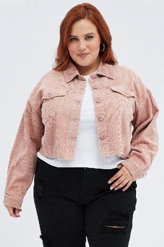 Pink Crop Jacket Corduroy Button Front Knit Jacket Woven Jacket Fleece Jacket