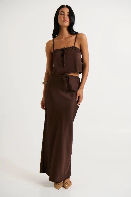 Morgan Satin Skirt Choc silk skirt lustrous
