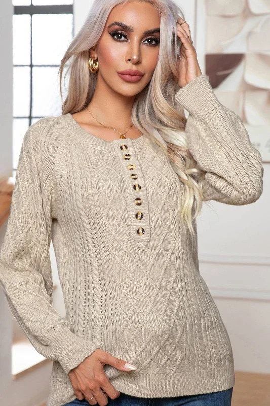 WOMEN BUTTON HENLEY NECK CABLE KNIT SWEATER Terry Terry Cloth Terry Knit