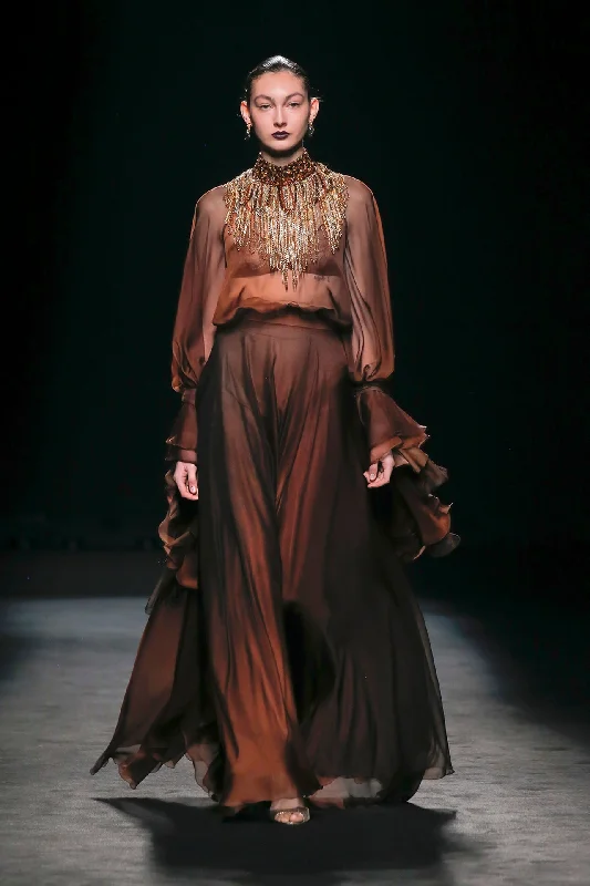 Long puff sleeves top with flowy skirt low waist skirt