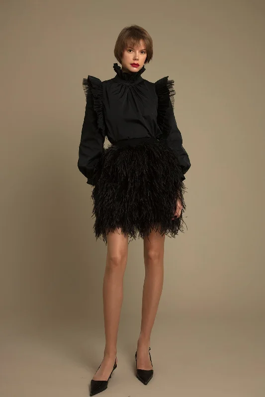 Pleated taffeta top with feathered skirt corduroy skirt durable