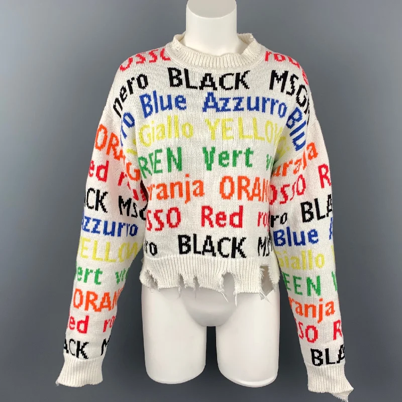 MSGM Size M White & Multi-Color Knitted Distressed Cotton / Acrylic Sweater Lightweight Heavyweight Midweight