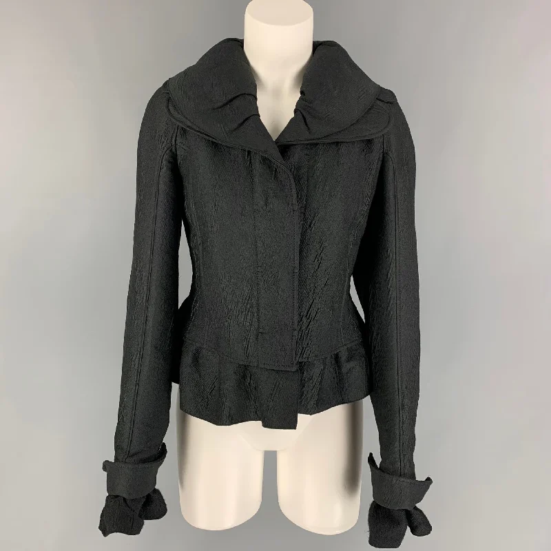 ROCHAS Size 4 Black Textured Wool Peplum Jacket Zippered Front Buttoned Front Snap Front ROCHAS Size 4 Black Textured Wool Peplum Jacket Zippered Front Buttoned Front Snap Front