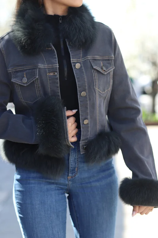 Fox Fur Denim Jacket - Black/Grey Print Jacket Jacquard Jacket Patchwork Jacket