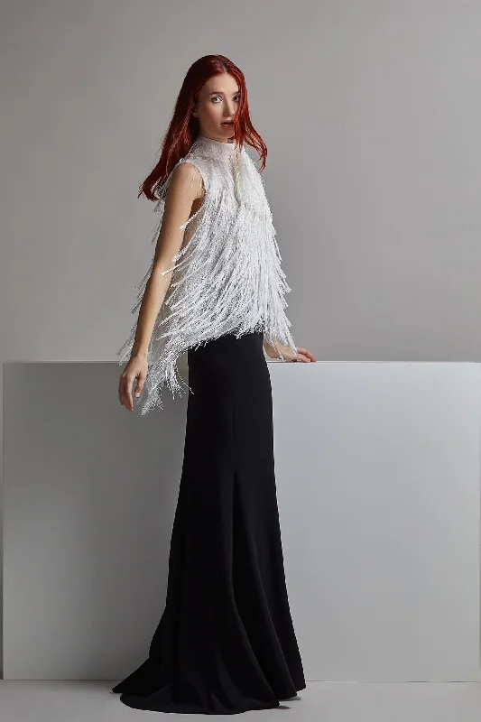 Feathered top with skirt silk skirt sleek