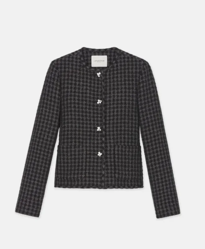 Honeycomb Tweed Collarless Cropped Jacket Hoodie Zip-Up Jacket Button-Up Jacket