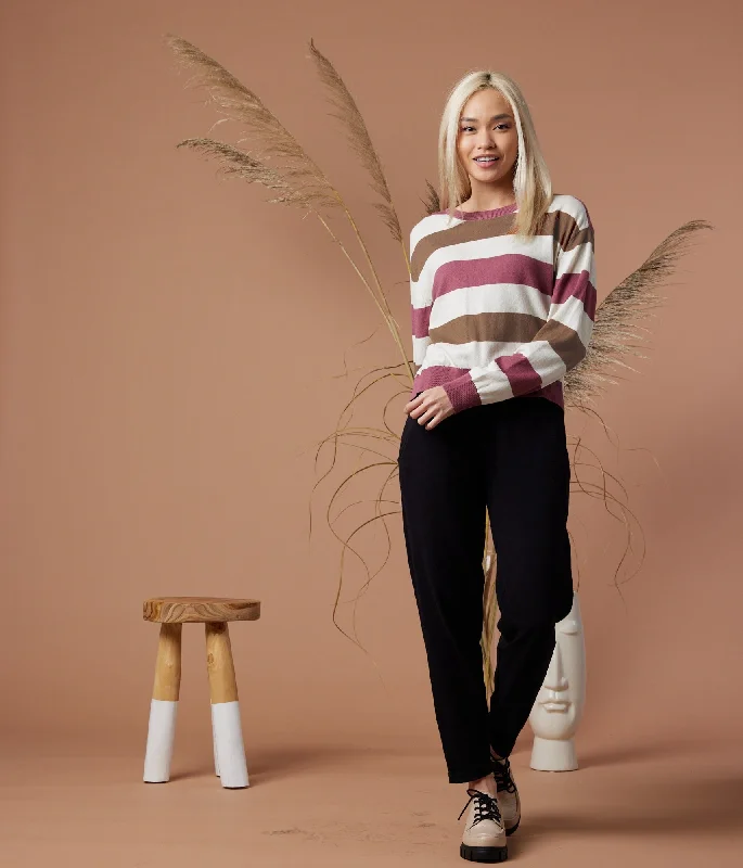Palmer Sweater - Deep Mauve Stripe Ribbed Striped Patterned