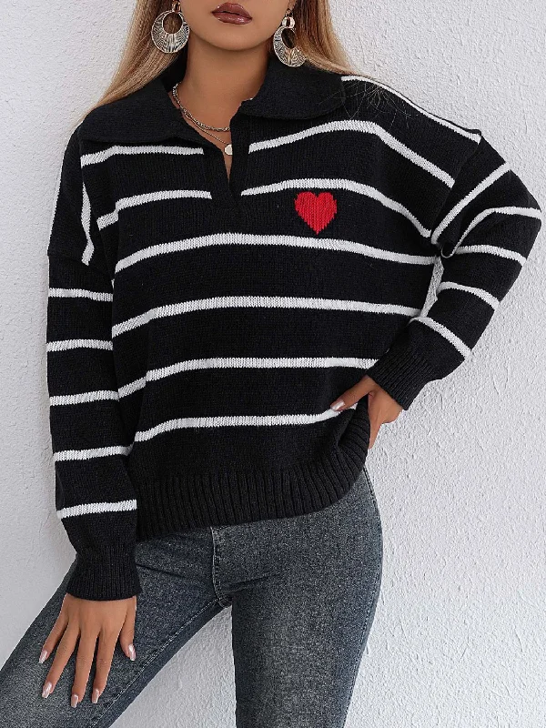 Blue Zone Planet |  Striped Johnny Collar Long Sleeve Sweater Spandex Rayon Corduroy