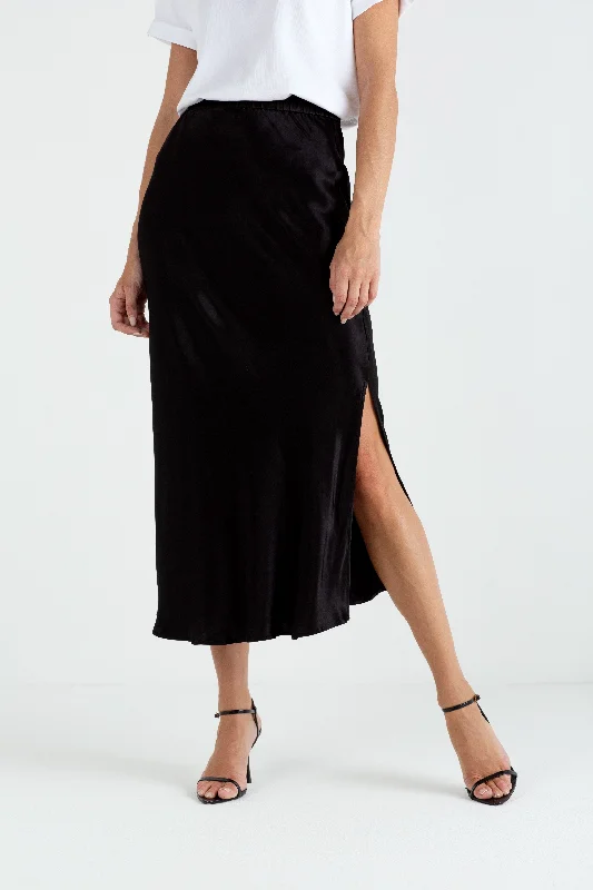 "The Orla" - Satin Midi Skirt (Black) denim skirt trendy