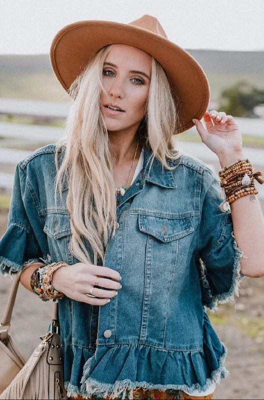 Scottie Ruffle Denim Jacket - Blue Front Pockets Side Pockets Patch Pockets