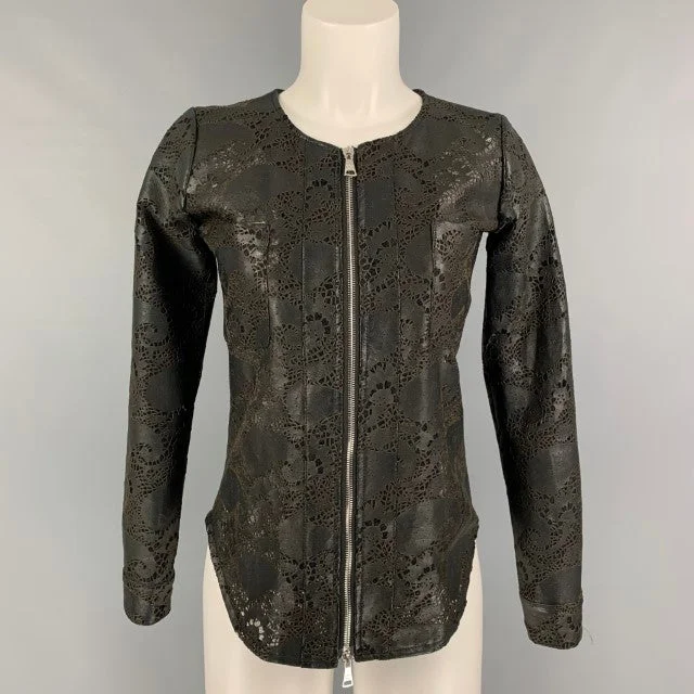 GIORGIO BRATO Size 4 Black Lace Perforated Zip Up Jacket Blazer Zippered Front Buttoned Front Snap Front GIORGIO BRATO Size 4 Black Lace Perforated Zip Up Jacket Blazer Zippered Front Buttoned Front Snap Front