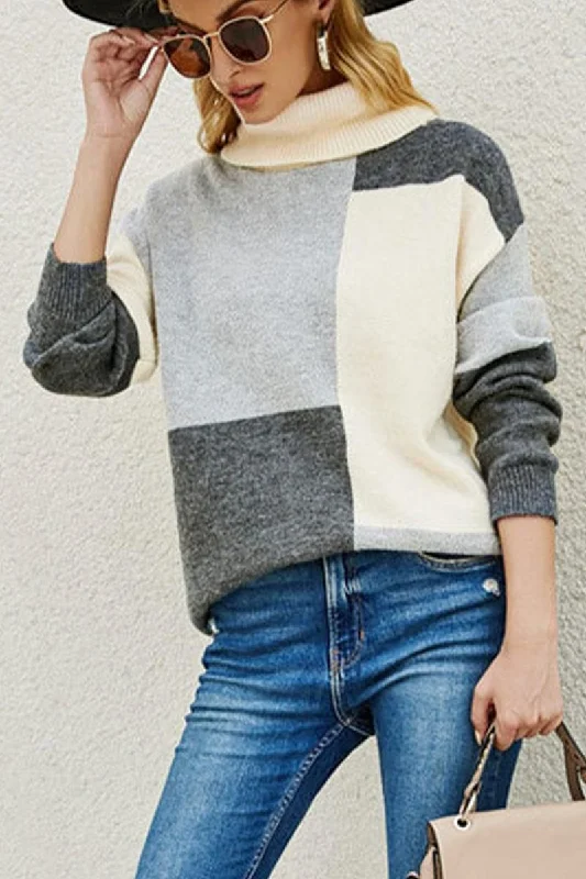 WOMEN HIGH NECK COLOR BLOCK OVERSIZED SWEATER Boxy Sweater Fitted Sweater A-Line