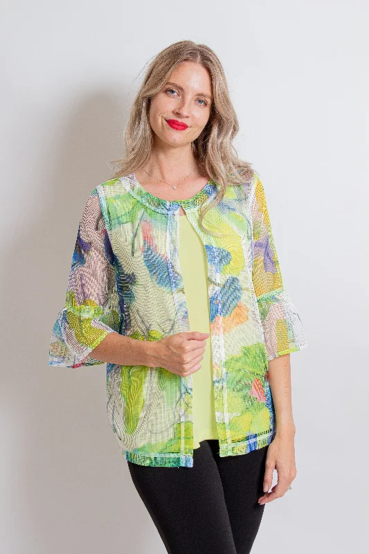 Watercolor Mesh Jacket Notch Collar Jacket Peter Pan Collar Jacket Cowl Neck Jacket