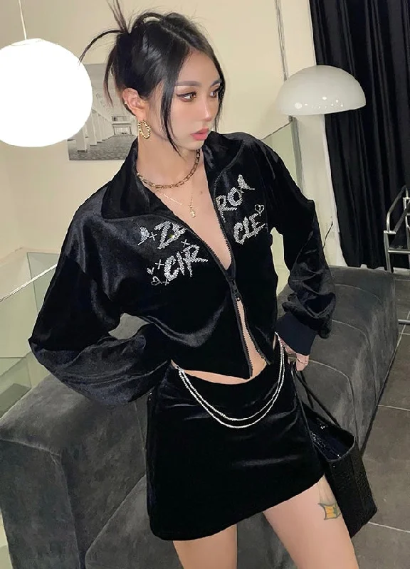 Zerocircle Solid Color Black Rhinestone Letter Zip Up Jacket Mini Skirt Matching Set Notch Collar Peter Pan Collar Cowl Neck Zerocircle Solid Color Black Rhinestone Letter Zip Up Jacket Mini Skirt Matching Set Notch Collar Peter Pan Collar Cowl Neck