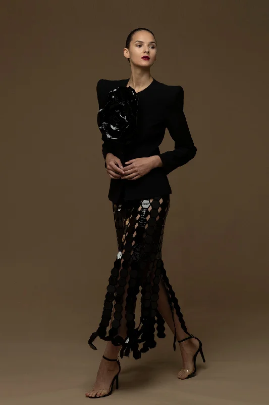 Crepe long sleeves top with geometrical motif skirt mini skirt trendy