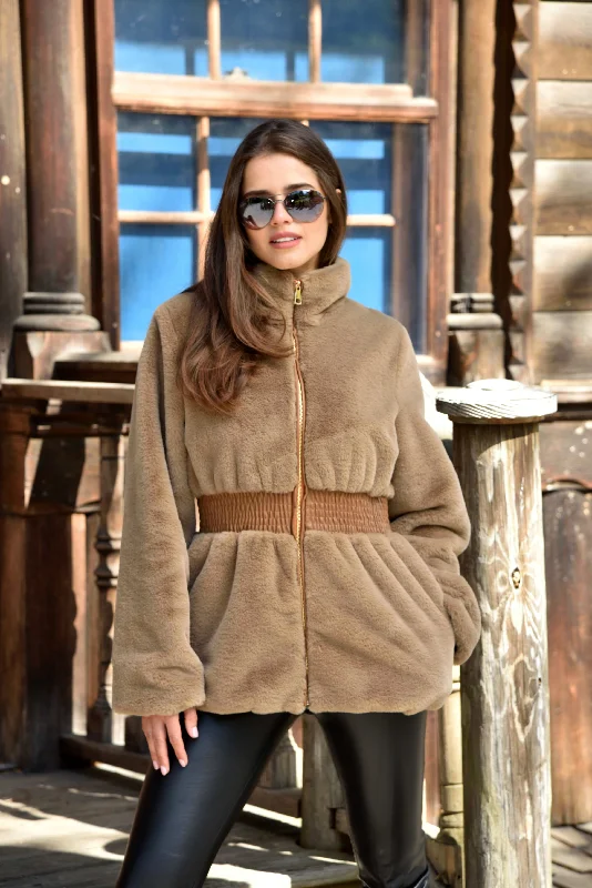 Plush Faux Fur Cinched Waist Jacket - Camel Embroidered Jacket Appliqued Jacket Beaded Jacket Plush Faux Fur Cinched Waist Jacket - Camel Embroidered Jacket Appliqued Jacket Beaded Jacket
