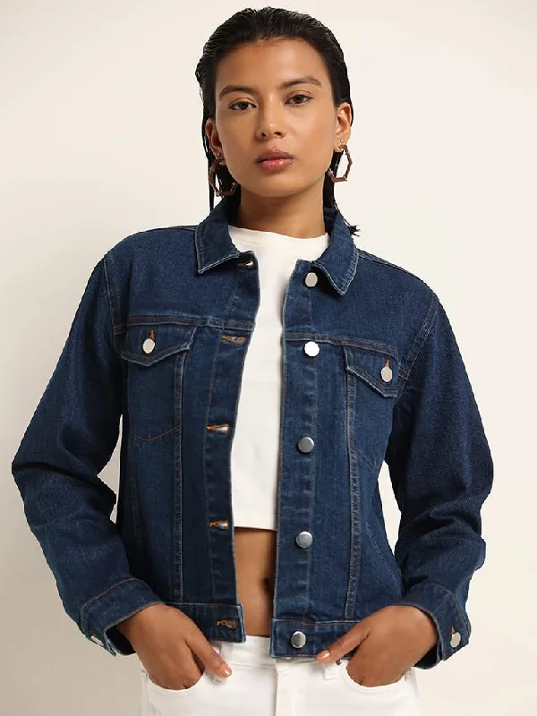 LOV Blue Solid Denim Jacket Mesh Jacket Canvas Jacket Denim Jacket