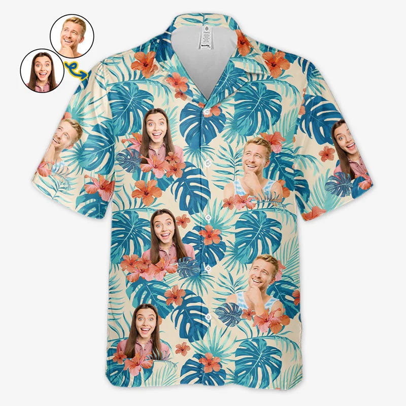 Custom Photo Colorful Tropical Flowers And Leaves - Couple Personalized Custom Unisex Tropical Hawaiian Aloha Shirt - Summer Vacation Gift, Gift For Husband Wife