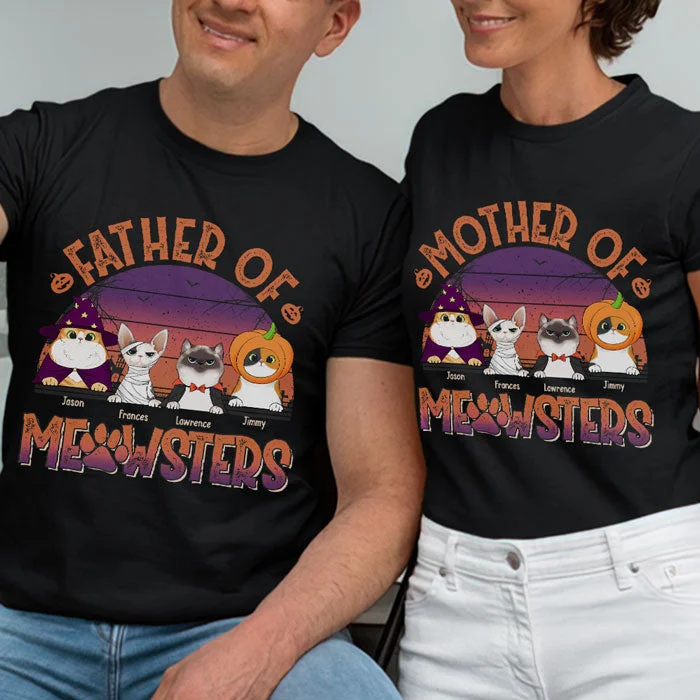 Father & Mother Of Meowsters - Personalized Matching Couple T-Shirt - Gift For Couple, Husband Wife, Pet Lovers, Halloween Gift