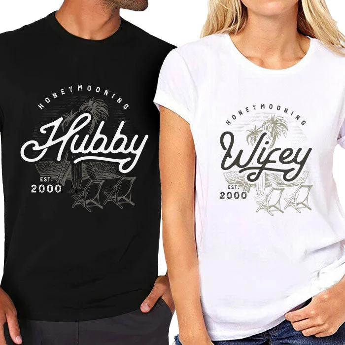 Honeymooning Hubby Wifey - Personalized Matching Couple T-Shirt - Gift For Couple, Husband Wife, Anniversary, Engagement, Wedding, Marriage Gift