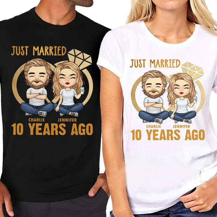 Just Married Many Years Ago - Personalized Matching Couple T-Shirt - Gift For Couple, Husband Wife, Anniversary, Engagement, Wedding, Marriage Gift